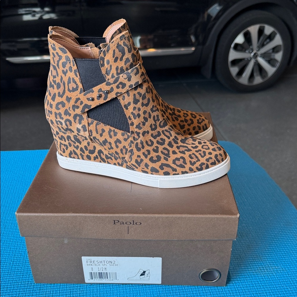 Paolo Leopard Print Wedge Sneaker Boot - Tan and Black size 8 1/2